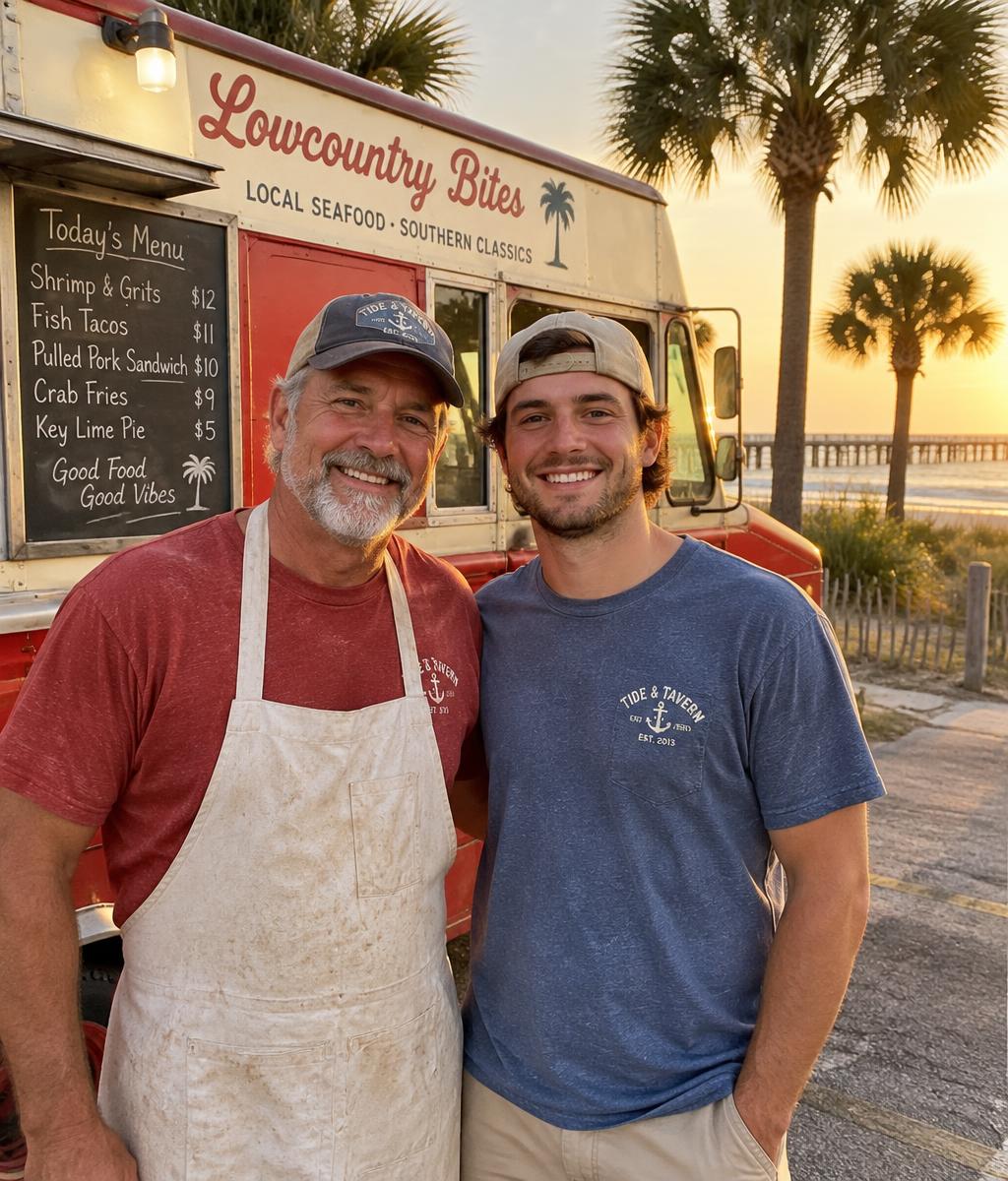 Father and son owners standing in front of their food truck at sunset